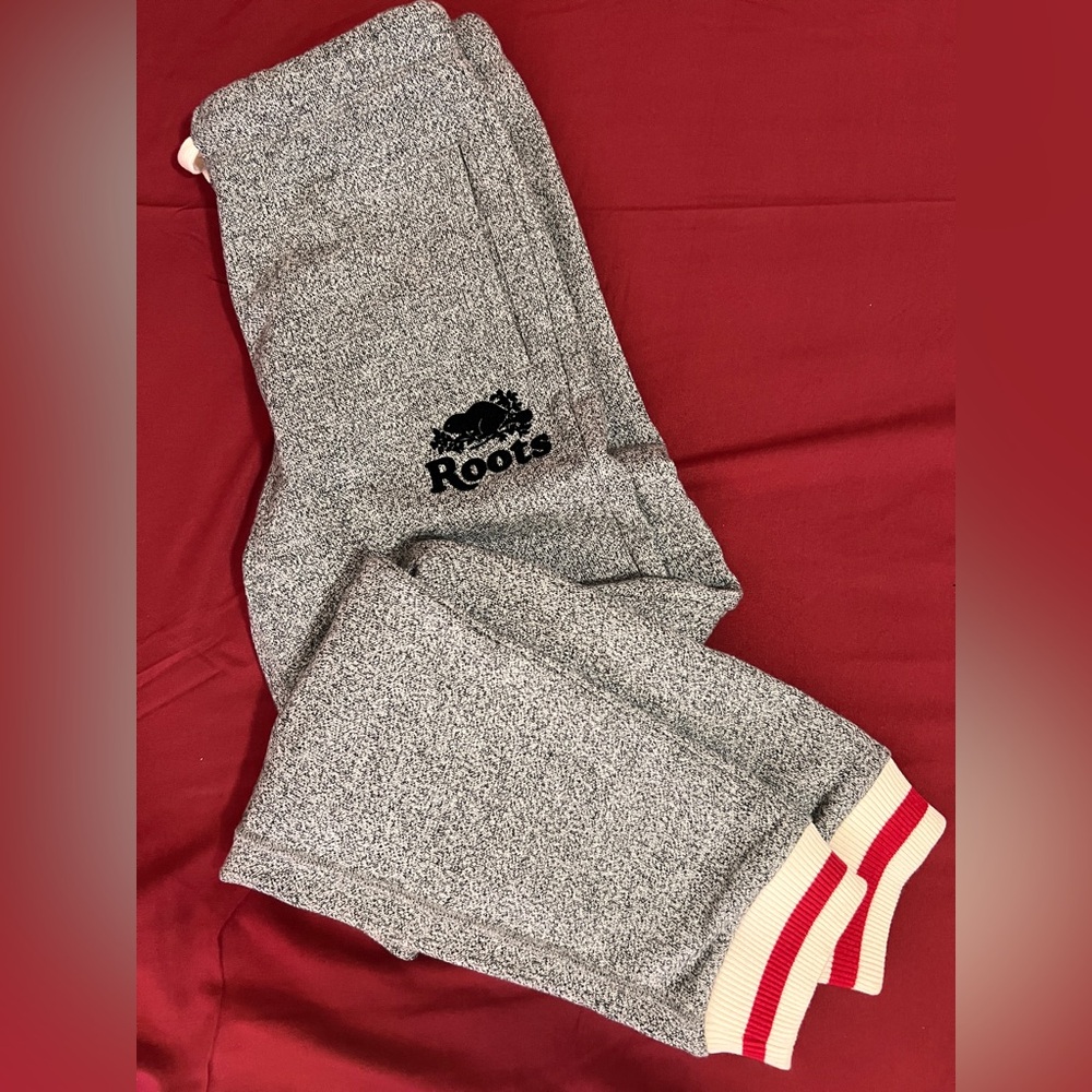 Roots Kids Grey Marled Joggers with Red and Cream Striped Cuffs - Picture 2 of 10